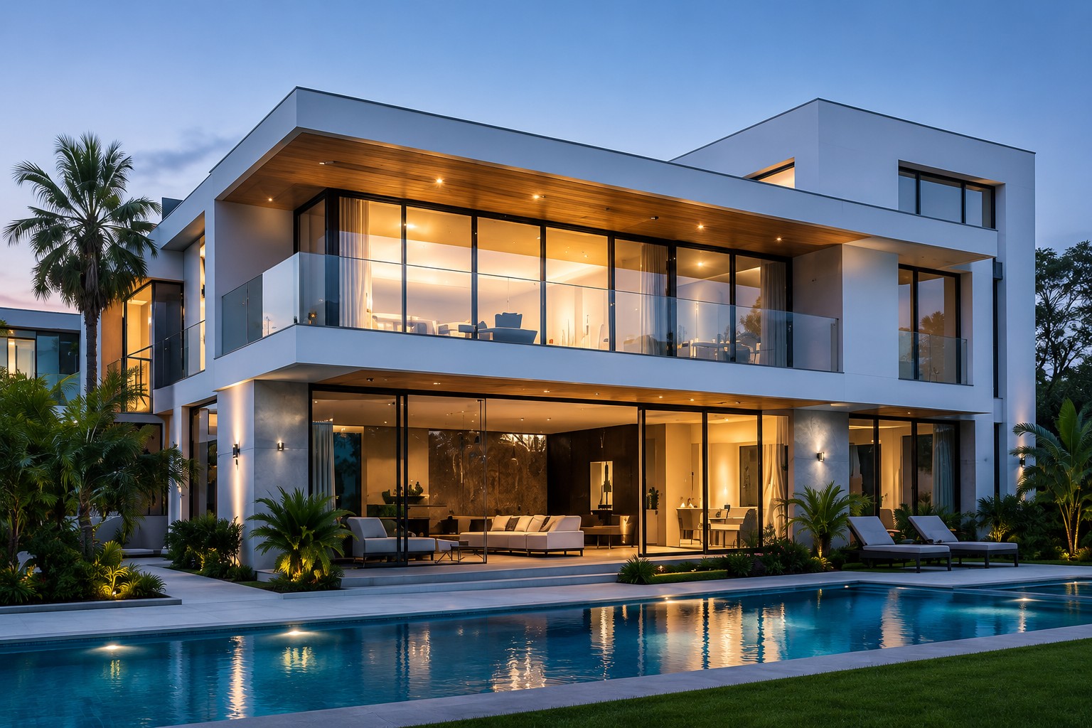 Modern luxury home with pool at dusk
